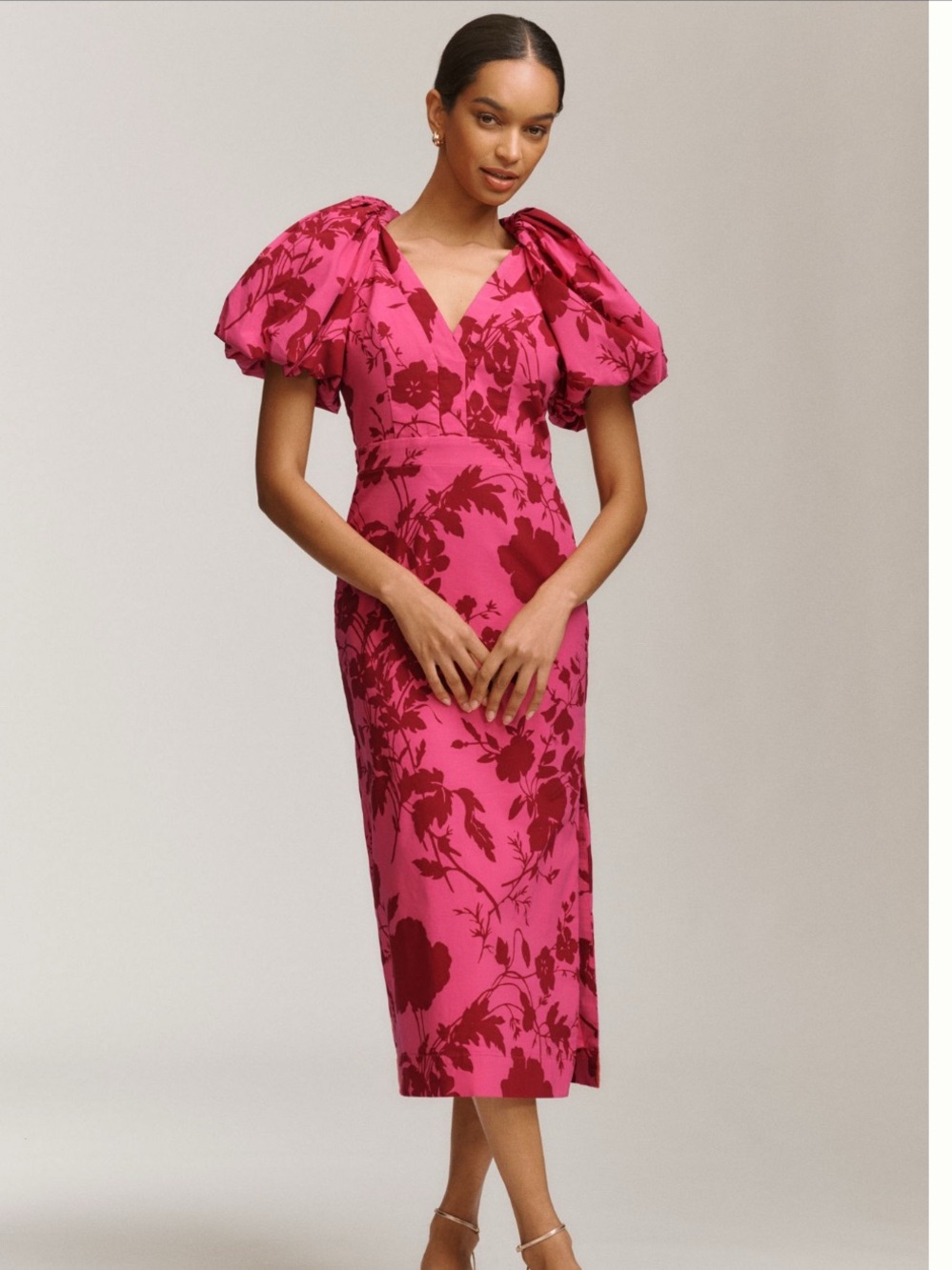 Anthropologie Pink Puff-Sleeve Midi Dress